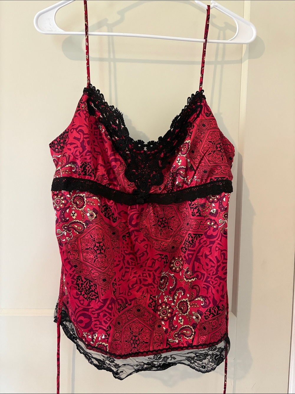 Soulmates Red Paisley Satin Chemise with Black Lace Trim